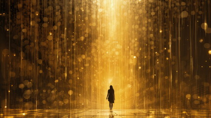 The silhouette of a girl in the golden rain. Golden rain, beautiful golden dew - obrazy, fototapety, plakaty