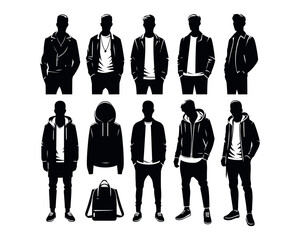 The silhouette of guys in fashionable clothes, youth style, vector set of stencils.