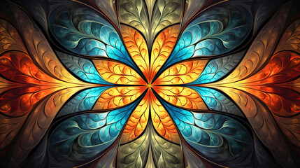 Multicolored symmetrical pattern in stained-glass window style. Computer-generated graphics. 