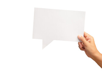 Hand holding a blank white speech bubble against a transparent background.