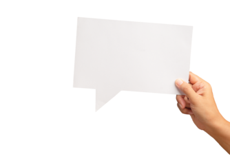 Hand holding a blank white speech bubble against a transparent background.
