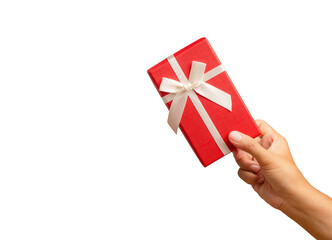 Hand holding of a red gift box against a transparent background.