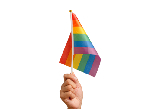 Rainbow flag showing in hand against a transparent background.