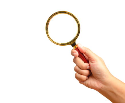 Close-up of hand holding a magnifying glass against a transparent background. - Powered by Adobe