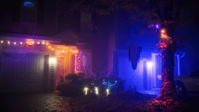 The house is decorated for the celebration of Halloween, a mystical foggy night