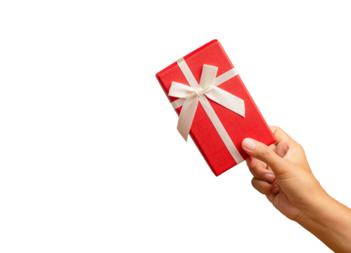 Hand holding of a red gift box against a transparent background. - Powered by Adobe