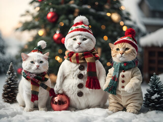 two cats and a snowman in the snow. 