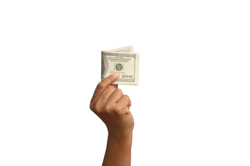 Money and Finance concept. Close-up of hand holding US dollar bills against a transparent...