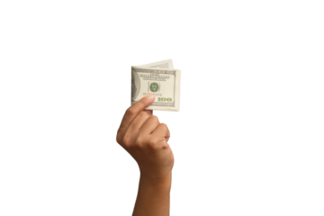 Money and Finance concept. Close-up of hand holding US dollar bills against a transparent background.