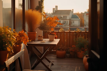 Beautiful decorated city terrace with table and decorative plants in autumn