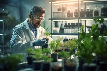 Male Microbiologist Adding Biological Nutritional Supplement, Vitamins and Minerals from a Pipette to Growing Green Plants. Medical Scientist Working in a Modern Food Science Laboratory. - obrazy, fototapety, plakaty