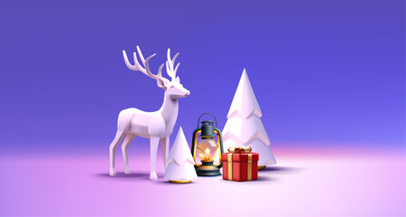 Christmas 3d render composition of vintage kerosene lamp with reindeer statuette and Christmas tree and gift boxes