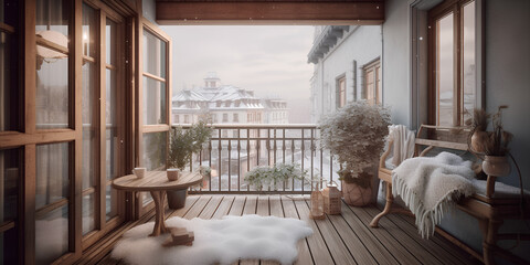 Cozy city terrace with table in winter