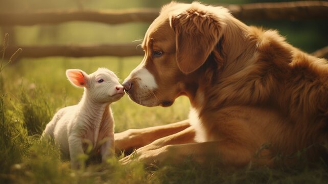 Mother dog caressing its calf animal puppies photography image Ai generated art