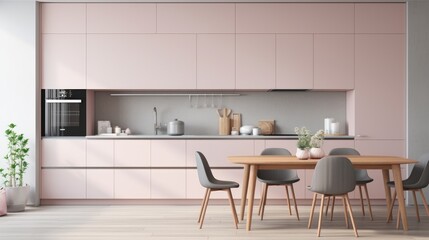 A pink kitchen with a wooden table and chairs