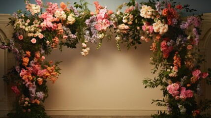 A wedding arch with pink, orange and white flowers