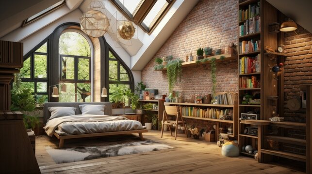 A bedroom with a bed, bookshelf and a window