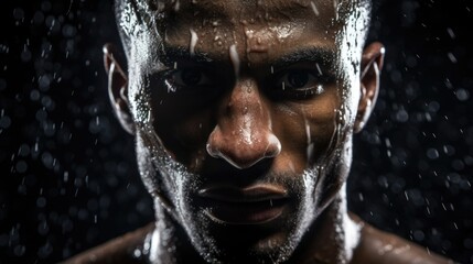 A close up of a man with sweat