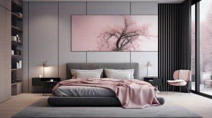 A bedroom with a bed, a chair and a painting on the wall