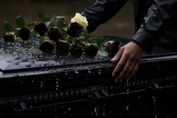 closeup of a funeral casket at a cemetery with flowers in the rain,hand on the grave in the rain with dark background and rose