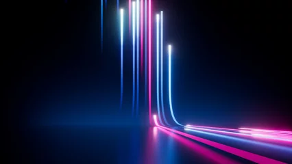 Deurstickers 3d rendering, abstract neon background. Modern wallpaper with glowing vertical lines © NeoLeo
