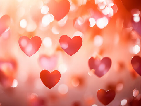 Red hearts background, defocused bokeh glitter