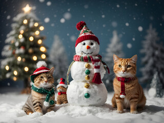 two cats and a snowman in the snow. 