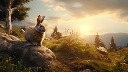 Rabbit mountain tree hares arctic animal photography image Ai generated art - obrazy, fototapety, plakaty
