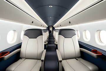 Interior of a modern business turboprop aircraft, light leather seats with lowered armrests. 3d illustration