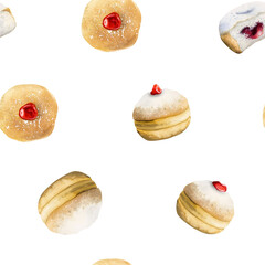 Hanukkah donuts watercolor seamless pattern of Jewish traditional holiday dessert on white background. Hand drawn sufganiyot
