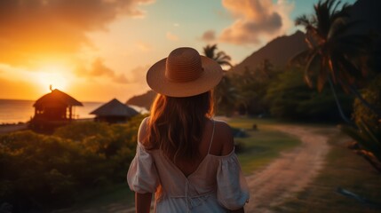 Seascape at sunrise with beautiful sky. Woman on the beach. The girl looks at the magical sunrise.
