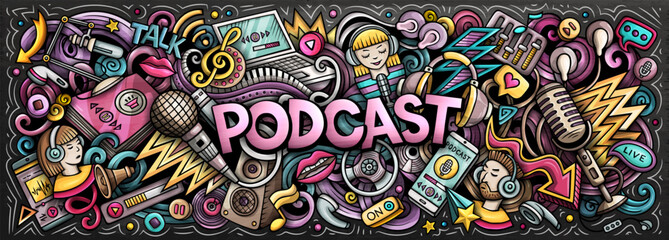 Podcast doodle cartoon funny banner