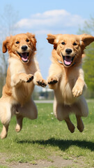 Dogs happily frolicking and playing on the park grass
