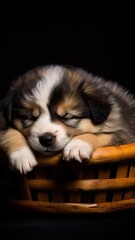 A cute little dog fell asleep cute in the basket