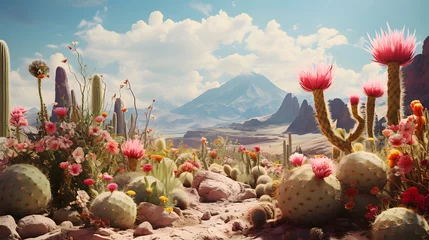 Schilderijen op glas A blooming desert with flowers and cacti © Alex Bur