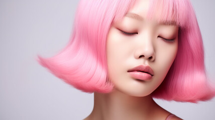 Naklejka premium Portrait of young Asian woman eyes closed with pink hair and makeup on neutral background. Hair salon beauty shop banner template. Cosmetics fashion concept