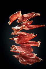 Thin slices of Spanish ham jamon flying in the air on black background. Traditional meat specialty of the local cuisine - obrazy, fototapety, plakaty
