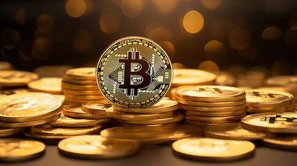 bitcoin  standing on top of other gold coins