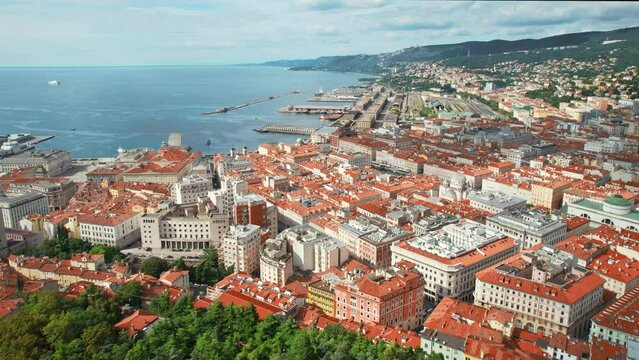 Aerial view ot the Trieste city and seaport in northeastern Italy