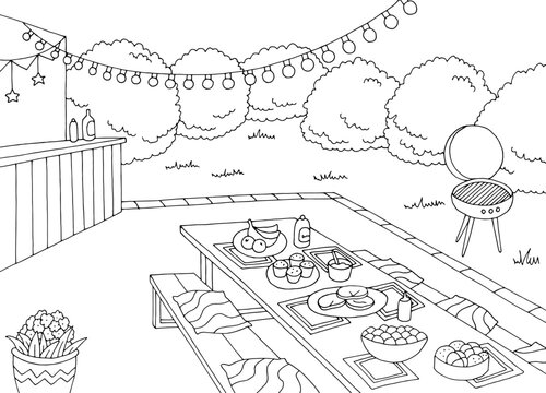 Garden party black white landscape sketch illustration vector