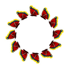 Round frame of burgundy butterflies with black and yellow spots. Frame isolated on transparent and white background with space for your text. Element for design decoration. Vector flat illustration.