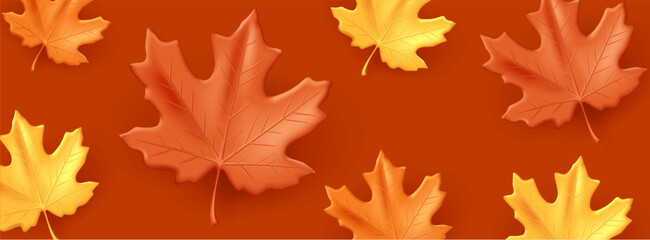 Fototapeta premium Autumn background with fall maple leaves in brown and yellow with orange colors, 3d volume graphic element