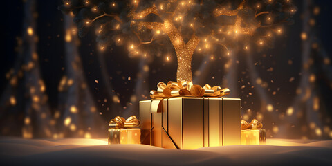 Gift box with golden tree on winter background. 3D rendering. ia generated