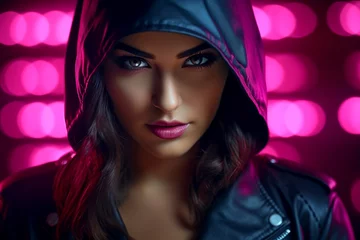 Foto op Canvas closeup portrait, beautiful female gangster wearing hood and leather jacket in neon scene background © Crazy Dark Queen