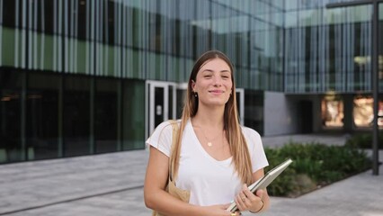 Cheerful blond College student to going to University School Internship