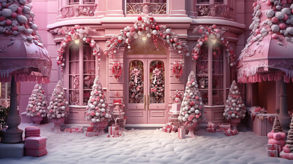 Christmas, shop showcase interior with pink or red showcase, fur-tree, gifts, snow