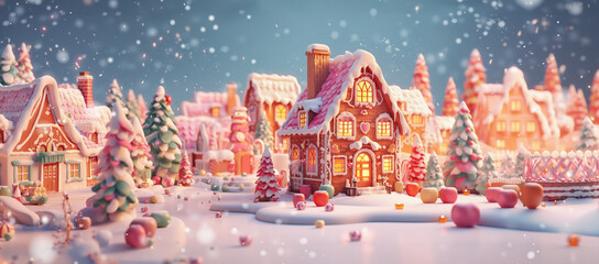  Christmas gingerbread city or town. Colorful christmas gingerbread house panorama - concept - obrazy, fototapety, plakaty