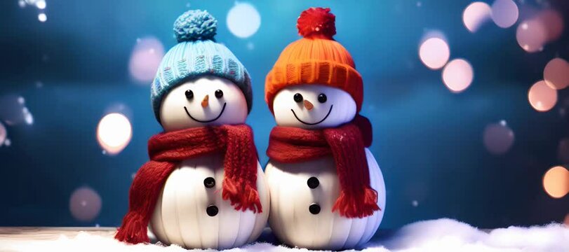 Two cute snowmen dressed in scarves and hats, smiling on a blue background in defocus. Abstract bokeh backdrop. New year and Christmas background footage. Generative AI