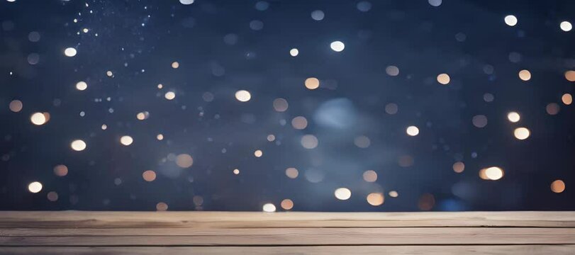 Wooden table on a blue background and snowfall in defocus. Abstract bokeh backdrop. New year and Christmas background footage. Generative AI