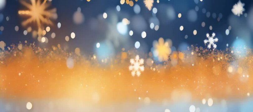 Christmas snowflakes and lights on a blue background in defocus. Abstract bokeh backdrop. New year and Christmas background footage. Generative AI